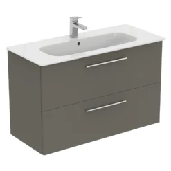 Ideal Standard I.life A 1040mm Wall Mounted 2 Drawer Vanity Unit & Basin - Quartz Grey Matt With Black Handles -Vado Shop i.life a 1040 wall 2 drawer vanity unit quartz chrome cutout