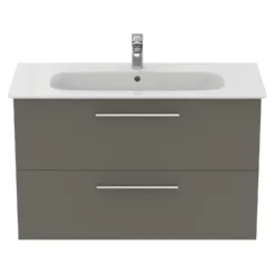 Ideal Standard I.life A 1040mm Wall Mounted 2 Drawer Vanity Unit & Basin - Quartz Grey Matt With Black Handles -Vado Shop i.life a 1040 wall 2 drawer vanity unit quartz chrome front