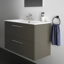 Ideal Standard I.life A 1040mm Wall Mounted 2 Drawer Vanity Unit & Basin - Quartz Grey Matt With Black Handles