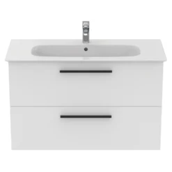 Ideal Standard I.life A 1040mm Wall Mounted 2 Drawer Vanity Unit & Basin - Quartz Grey Matt With Black Handles -Vado Shop i.life a 1040 wall 2 drawer vanity unit white black front