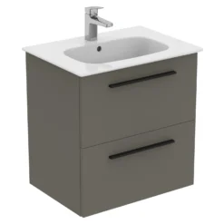 Ideal Standard I.life A 640mm Wall Mounted 2 Drawer Vanity Unit & Basin - Matt White With Brushed Chrome Handles -Vado Shop i.life a 640 wall 2 drawer vanity unit quartz black cutout