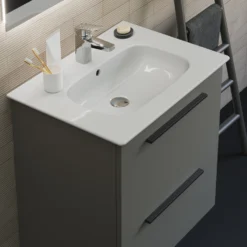 Ideal Standard I.life A 640mm Wall Mounted 2 Drawer Vanity Unit & Basin - Matt White With Brushed Chrome Handles -Vado Shop i.life a 640 wall 2 drawer vanity unit quartz black top view