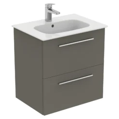 Ideal Standard I.life A 640mm Wall Mounted 2 Drawer Vanity Unit & Basin - Matt White With Brushed Chrome Handles -Vado Shop i.life a 640 wall 2 drawer vanity unit quartz chrome cutout