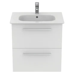 Ideal Standard I.life A 640mm Wall Mounted 2 Drawer Vanity Unit & Basin - Matt White With Brushed Chrome Handles -Vado Shop i.life a 640 wall 2 drawer vanity unit white chrome front