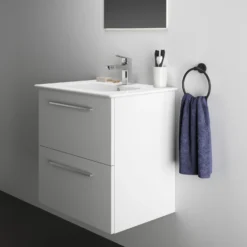Ideal Standard I.life A 640mm Wall Mounted 2 Drawer Vanity Unit & Basin - Matt White With Brushed Chrome Handles -Vado Shop i.life a 640 wall 2 drawer vanity unit white chrome lifestyle 2