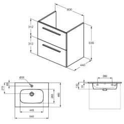 Ideal Standard I.life A 640mm Wall Mounted 2 Drawer Vanity Unit & Basin - Matt White With Brushed Chrome Handles -Vado Shop i.life a 640 wall hung 2 drawer vanity unit basin tech