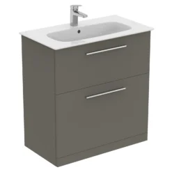 Ideal Standard I.life A 840mm Floorstanding 2 Drawer Vanity Unit & Basin - Quartz Grey Matt With Brushed Chrome Handles -Vado Shop i.life a 840 floor 2 drawer vanity unit quartz chrome cutout