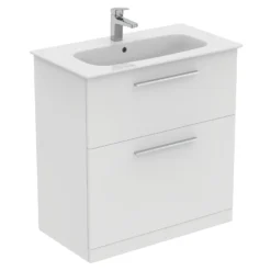 Ideal Standard I.life A 840mm Floorstanding 2 Drawer Vanity Unit & Basin - Quartz Grey Matt With Brushed Chrome Handles -Vado Shop i.life a 840 floor 2 drawer vanity unit white chrome cutout