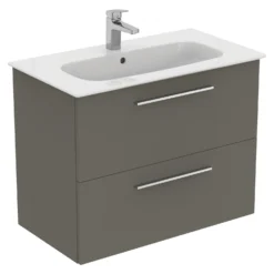 Ideal Standard I.life A 840mm Wall Mounted 2 Drawer Vanity Unit & Basin - Matt White With Brushed Chrome Handles -Vado Shop i.life a 840 wall 2 drawer vanity unit quartz chrome cutout