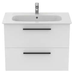Ideal Standard I.life A 840mm Wall Mounted 2 Drawer Vanity Unit & Basin - Matt White With Brushed Chrome Handles -Vado Shop i.life a 840 wall 2 drawer vanity unit white black front