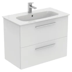 Ideal Standard I.life A 840mm Wall Mounted 2 Drawer Vanity Unit & Basin - Matt White With Brushed Chrome Handles -Vado Shop i.life a 840 wall 2 drawer vanity unit white chrome cutout