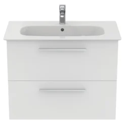 Ideal Standard I.life A 840mm Wall Mounted 2 Drawer Vanity Unit & Basin - Matt White With Brushed Chrome Handles -Vado Shop i.life a 840 wall 2 drawer vanity unit white chrome front
