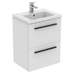Ideal Standard I.life S 500mm Wall Mounted 2 Drawer Compact Vanity Unit & Basin - Matt White With Black Handles