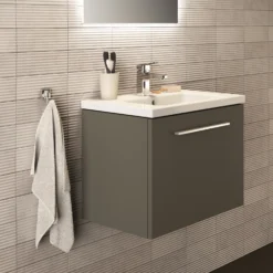 Ideal Standard I.life S 600mm Wall Mounted 1 Drawer Compact Vanity Unit & Basin - Quartz Grey Matt With Brushed Chrome Handle 16 Ideal Standard I.life S 600mm Wall Mounted 1 Drawer Compact Vanity Unit & Basin - Quartz Grey Matt With Brushed Chrome Handle -Vado Shop i.life s 600 wall 1 drawer vanity unit quartz chrome lifestyle 2