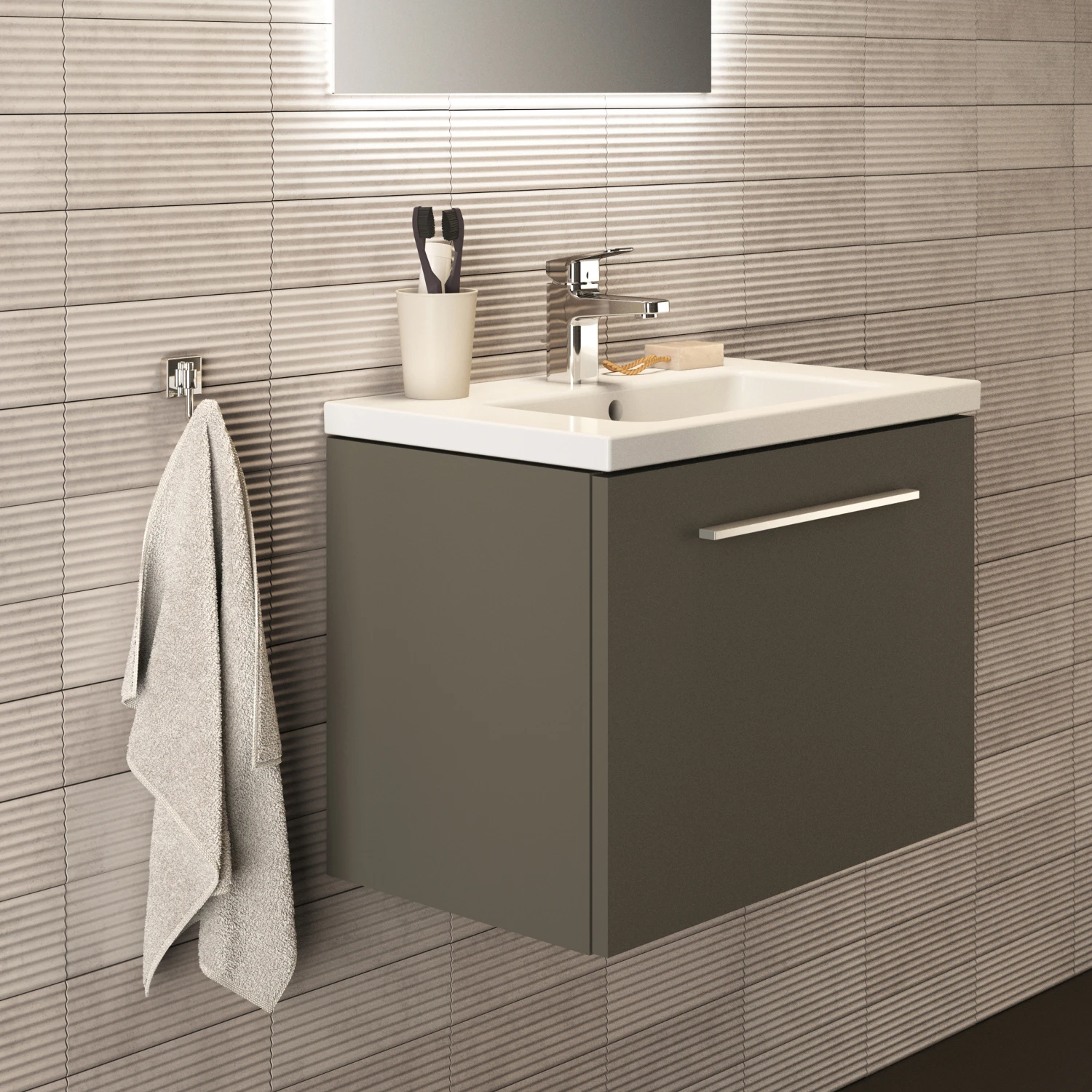 Ideal Standard I.life S 600mm Wall Mounted 1 Drawer Compact Vanity Unit & Basin - Quartz Grey Matt With Brushed Chrome Handle 4 Ideal Standard I.life S 600mm Wall Mounted 1 Drawer Compact Vanity Unit & Basin - Quartz Grey Matt With Brushed Chrome Handle - Image 4