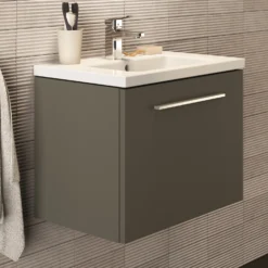 Ideal Standard I.life S 600mm Wall Mounted 1 Drawer Compact Vanity Unit & Basin - Quartz Grey Matt With Brushed Chrome Handle 15 Ideal Standard I.life S 600mm Wall Mounted 1 Drawer Compact Vanity Unit & Basin - Quartz Grey Matt With Brushed Chrome Handle -Vado Shop i.life s 600 wall 1 drawer vanity unit quartz chrome lifestyle