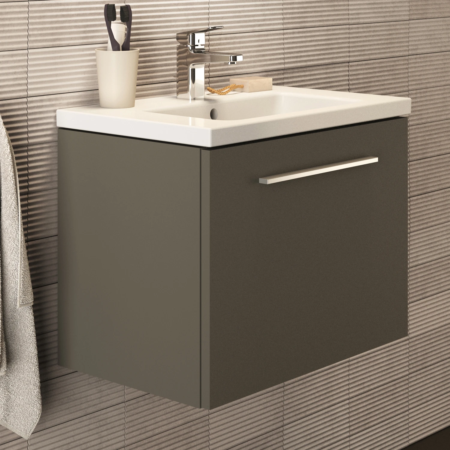 Ideal Standard I.life S 600mm Wall Mounted 1 Drawer Compact Vanity Unit & Basin - Quartz Grey Matt With Brushed Chrome Handle 3 Ideal Standard I.life S 600mm Wall Mounted 1 Drawer Compact Vanity Unit & Basin - Quartz Grey Matt With Brushed Chrome Handle - Image 3