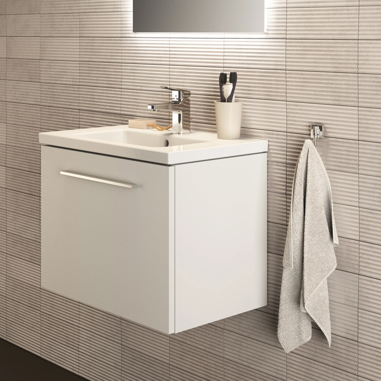 Ideal Standard I.life S 600mm Wall Mounted 1 Drawer Compact Vanity Unit & Basin - Quartz Grey Matt With Brushed Chrome Handle 2 Ideal Standard I.life S 600mm Wall Mounted 1 Drawer Compact Vanity Unit & Basin - Quartz Grey Matt With Brushed Chrome Handle - Image 2