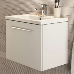 Ideal Standard I.life S 600mm Wall Mounted 1 Drawer Compact Vanity Unit & Basin - Quartz Grey Matt With Brushed Chrome Handle