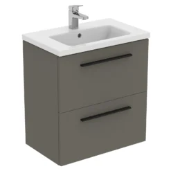 Ideal Standard I.life S 600mm Wall Mounted 2 Drawer Compact Vanity Unit & Basin - Quartz Grey Matt With Black Handles -Vado Shop i.life s 600 wall 2 drawer vanity unit quartz black cutout