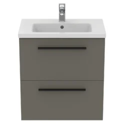 Ideal Standard I.life S 600mm Wall Mounted 2 Drawer Compact Vanity Unit & Basin - Quartz Grey Matt With Black Handles -Vado Shop i.life s 600 wall 2 drawer vanity unit quartz black front