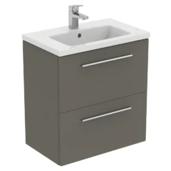 Ideal Standard I.life S 600mm Wall Mounted 2 Drawer Compact Vanity Unit & Basin - Quartz Grey Matt With Black Handles -Vado Shop i.life s 600 wall 2 drawer vanity unit quartz chrome cutout