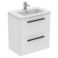 Ideal Standard I.life S 600mm Wall Mounted 2 Drawer Compact Vanity Unit & Basin - Quartz Grey Matt With Black Handles