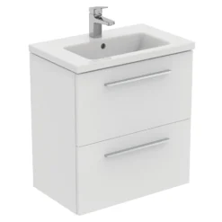 Ideal Standard I.life S 600mm Wall Mounted 2 Drawer Compact Vanity Unit & Basin - Quartz Grey Matt With Black Handles -Vado Shop i.life s 600 wall 2 drawer vanity unit white chrome cutout