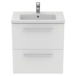 Ideal Standard I.life S 600mm Wall Mounted 2 Drawer Compact Vanity Unit & Basin - Quartz Grey Matt With Black Handles -Vado Shop i.life s 600 wall 2 drawer vanity unit white chrome front