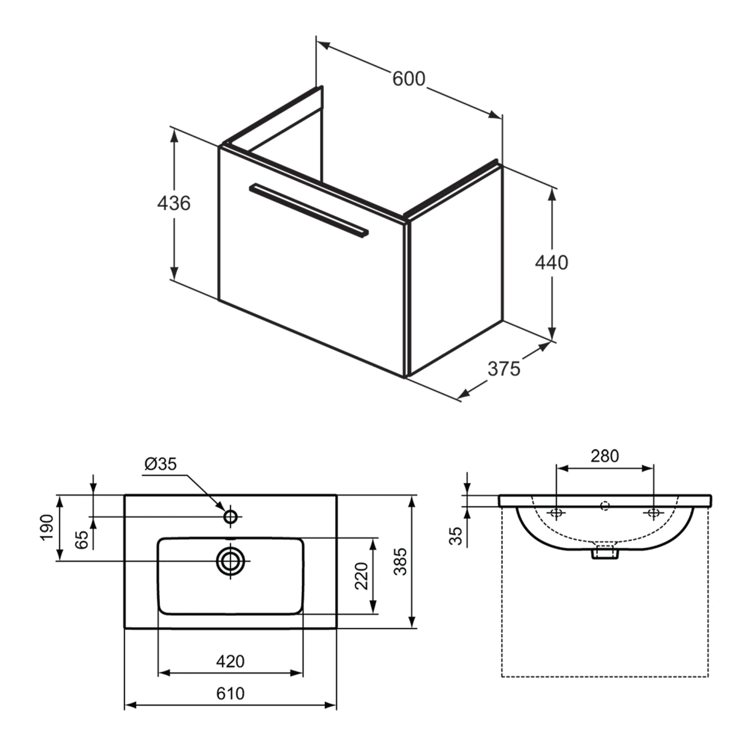 Ideal Standard I.life S 600mm Wall Mounted 1 Drawer Compact Vanity Unit & Basin - Quartz Grey Matt With Brushed Chrome Handle 13 Ideal Standard I.life S 600mm Wall Mounted 1 Drawer Compact Vanity Unit & Basin - Quartz Grey Matt With Brushed Chrome Handle - Image 13