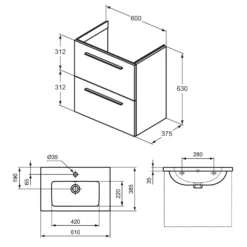 Ideal Standard I.life S 600mm Wall Mounted 2 Drawer Compact Vanity Unit & Basin - Quartz Grey Matt With Black Handles -Vado Shop i.life s 600 wall hung 2 drawer vanity unit basin tech