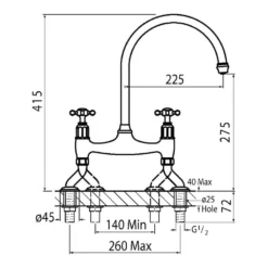 Perrin & Rowe Ionian Crosshead 2 Hole Bridge Sink Mixer - Chrome -Vado Shop ionian4192 technicaldrawing