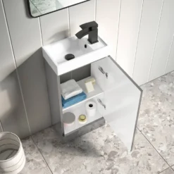 Maisie Compact 400mm Mini Cloakroom Floorstanding Vanity Unit With Black Handle & Basin - Anthracite -Vado Shop lanza anthracite floorstanding cloakroom unit black handle lifestyle3