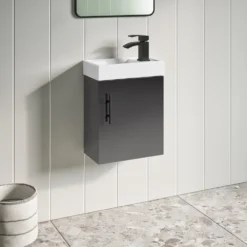 Maisie Compact 400mm Mini Cloakroom Wall Hung Vanity Unit With Black Handle & Basin - Anthracite