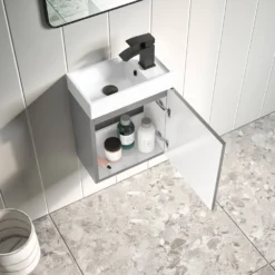 Maisie Compact 400mm Mini Cloakroom Wall Hung Vanity Unit With Black Handle & Basin - Anthracite -Vado Shop lanza anthracite wallhung cloakroom unit black handle lifestyle3