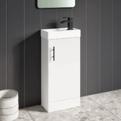 Maisie Compact 400mm Mini Cloakroom Floorstanding Vanity Unit With Black Handle & Basin - Gloss White
