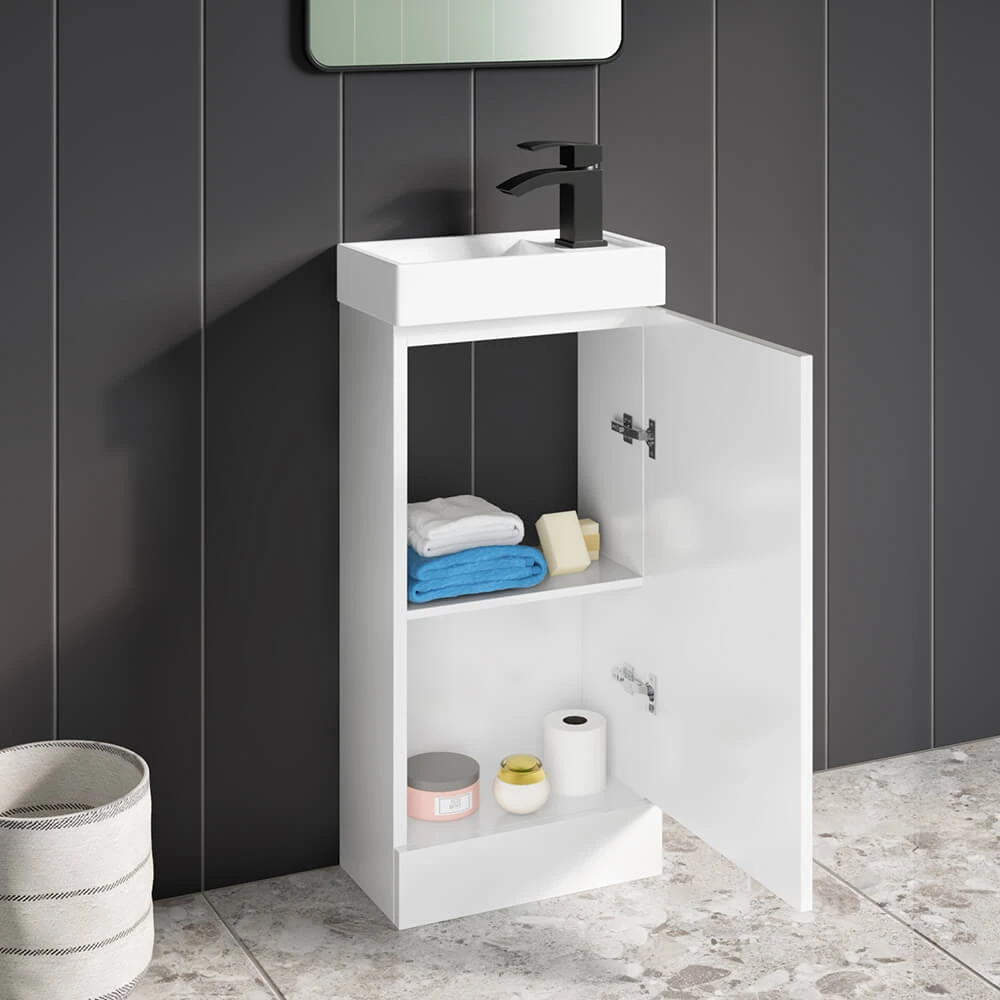 Maisie Compact 400mm Mini Cloakroom Floorstanding Vanity Unit With Black Handle & Basin - Gloss White 2 Maisie Compact 400mm Mini Cloakroom Floorstanding Vanity Unit With Black Handle & Basin - Gloss White - Image 2