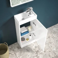 Maisie Compact 400mm Mini Cloakroom Vanity Unit And Basin - Gloss White -Vado Shop lanza white floorstanding cloakroom unit chrome handle lifestyle3