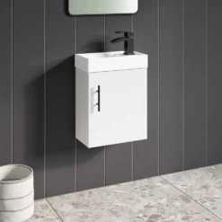 Maisie Compact 400mm Mini Cloakroom Wall Hung Vanity Unit With Black Handle & Basin - Gloss White
