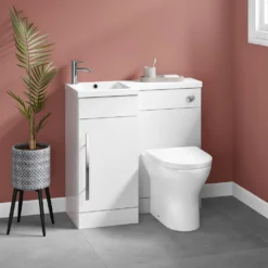 Harbour Icon 900mm Spacesaving White Gloss Left Combination Bathroom Toilet, Sink Unit, Cistern & Vellamo Aspire Toilet With SC Seat -Vado Shop lili combination 1door unit white chrome handle lifestyle2