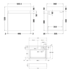 Minnie 500mm Wall Mounted 1 Door Vanity Unit & Polymarble Basin - Gloss White 19 Minnie 500mm Wall Mounted 1 Door Vanity Unit & Polymarble Basin - Gloss White -Vado Shop minnie 500mm wall hung vanity technical drawing 1
