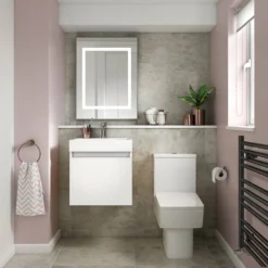 Minnie 500mm Wall Mounted 1 Door Vanity Unit & Polymarble Basin - Gloss White 17 Minnie 500mm Wall Mounted 1 Door Vanity Unit & Polymarble Basin - Gloss White -Vado Shop minnie 500mm wall mounted white vanity and basin lifestyle