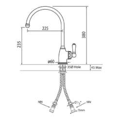 Perrin & Rowe Parthian Mono Sink Mixer With Porcelain Lever Handle & Swivel Spout - Chrome -Vado Shop parthian technicaldrawing