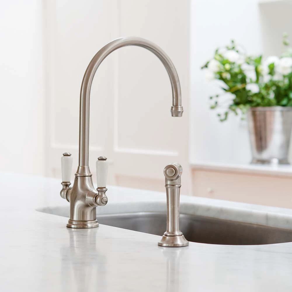 Perrin & Rowe Phoenician Mono Sink Mixer With Porcelain Lever Handles & Rinse - Pewter 1 Perrin & Rowe Phoenician Mono Sink Mixer With Porcelain Lever Handles & Rinse - Pewter