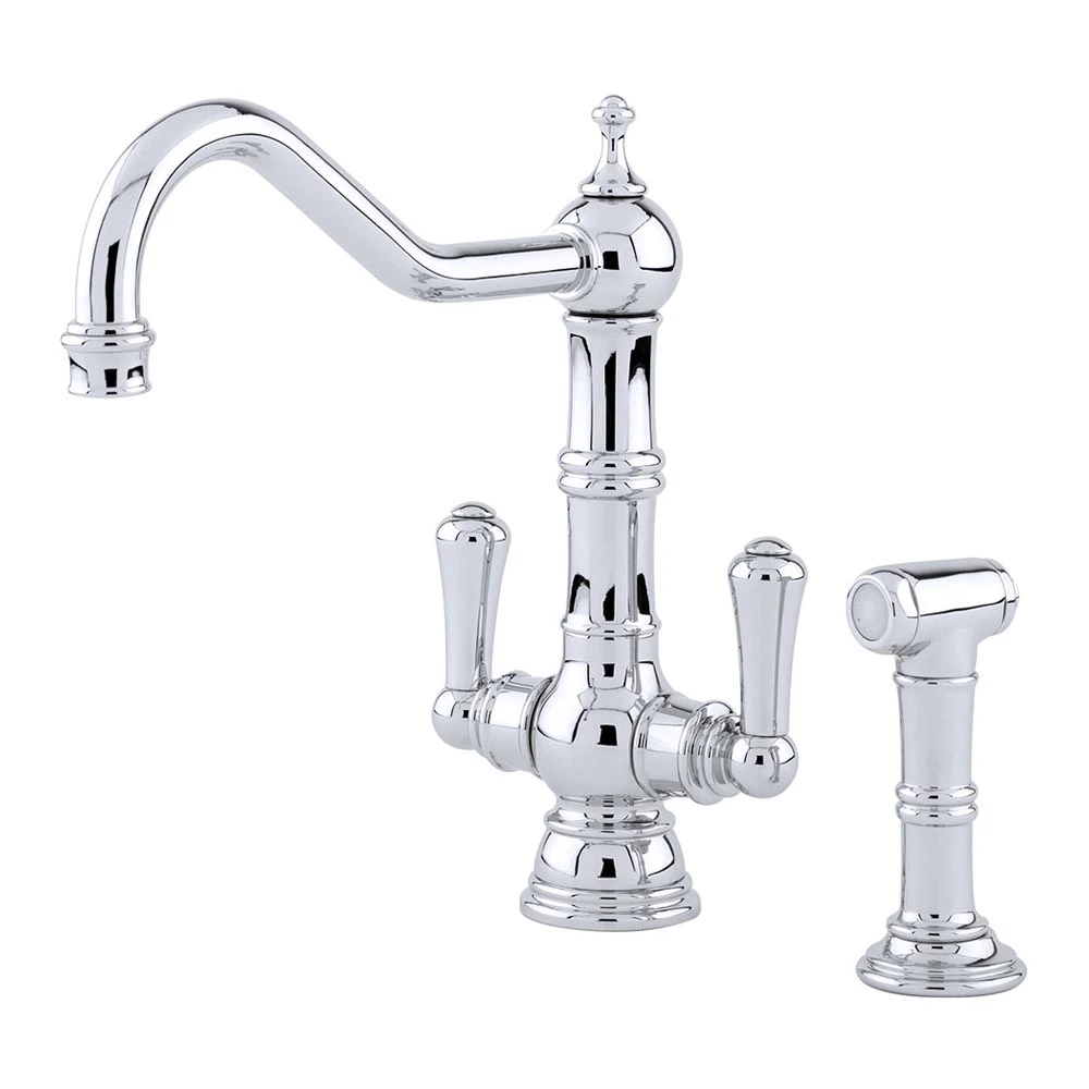 Perrin & Rowe Picardie Twin Lever Mono Sink Mixer With Rinse - Gold 2 Perrin & Rowe Picardie Twin Lever Mono Sink Mixer With Rinse - Gold - Image 2
