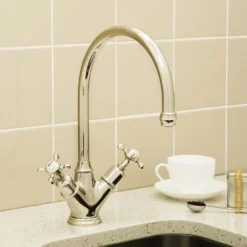 Perrin & Rowe Minoan Twin Crosshead Mono Sink Mixer With Swivel Spout - Gold
