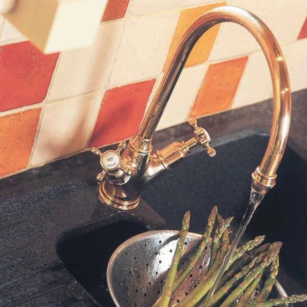 Perrin & Rowe Minoan Twin Crosshead Mono Sink Mixer With Swivel Spout - Gold 2 Perrin & Rowe Minoan Twin Crosshead Mono Sink Mixer With Swivel Spout - Gold - Image 2