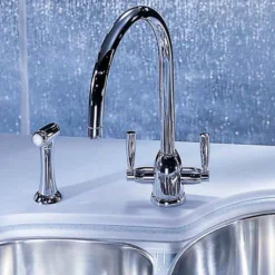 Perrin & Rowe Oberon 2 Hole Twin Lever Swivel 'C' Spout Sink Mixer & Rinse - Nickel