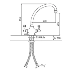 Perrin & Rowe Estruscan Twin Lever Mono Sink Mixer With Swivel Spout - Polished Nickel -Vado Shop perrinrowe etruscan technicaldrawing tech