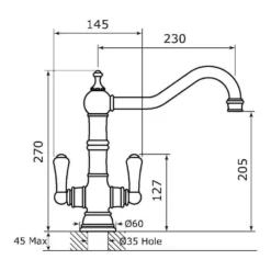 Perrin & Rowe Picardie Twin Lever Mono Sink Mixer - Chrome -Vado Shop perrinrowe picardie4761 technicaldrawing tech